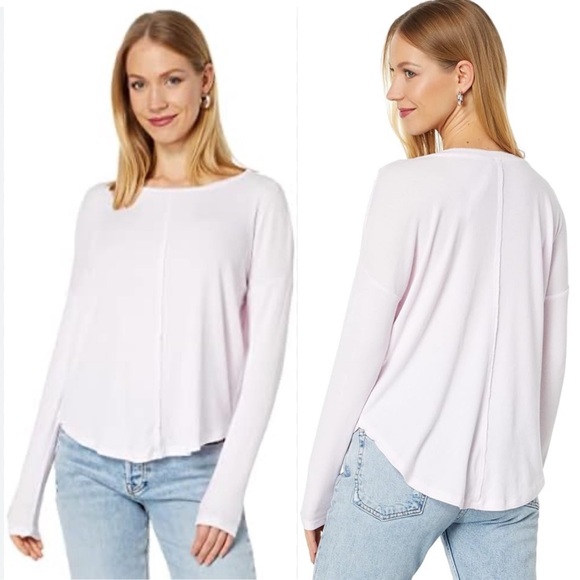 bobi Tops - Bobi Los Angeles Raw Edge Long Sleeve Top White Ribbed Sport Relaxed S